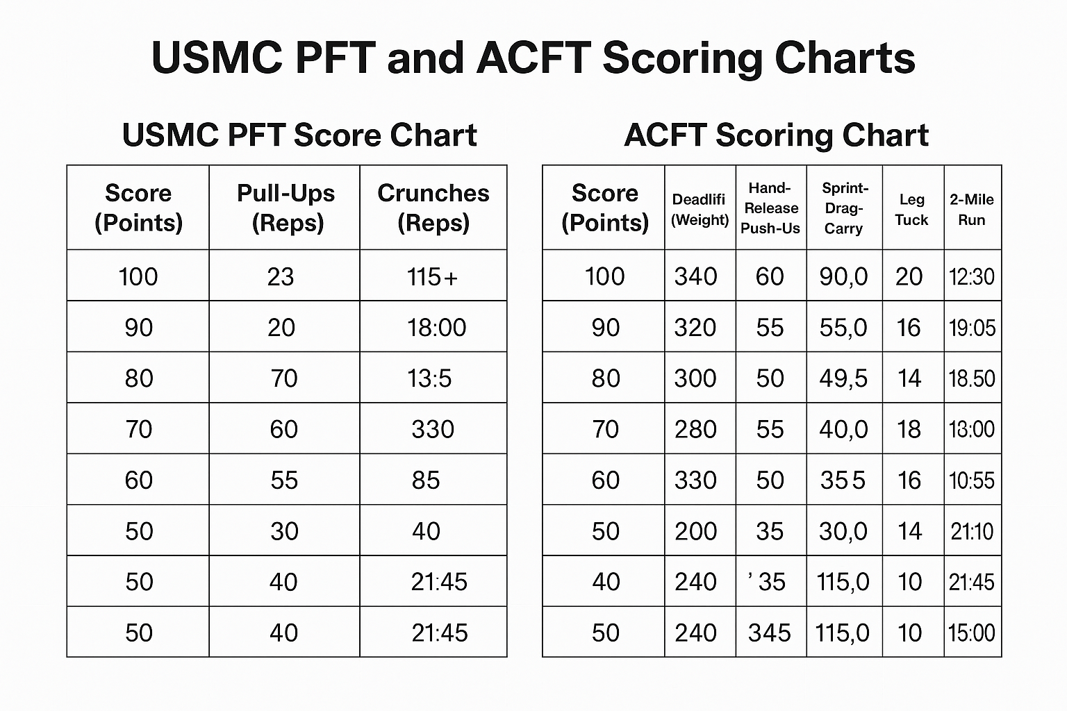 USMC PFT and ACFT Scoring Charts